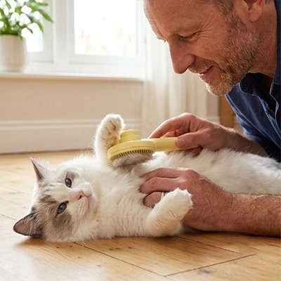 brosse pour chat compacte jaune chat allonge maitre
