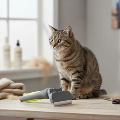 brosse pour chat dents metalliques fines vert chat assis
