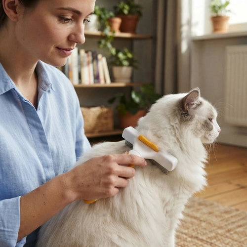 brosse pour chat jaune maitresse chat assis