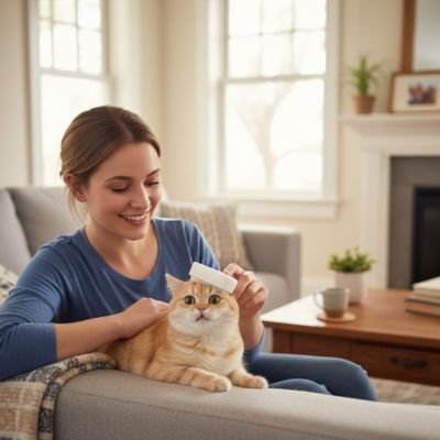 brosse pour chat massage maitresse souriante canape