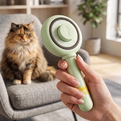 brosse pour chat style tendance vert chat assis chaise