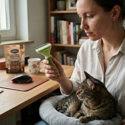 brosse pour chat verte maitresse avec chat