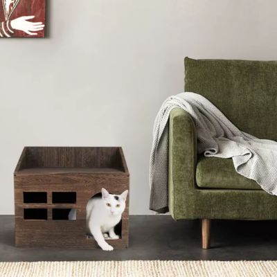 cabane pour chat anti stress design bois marron
