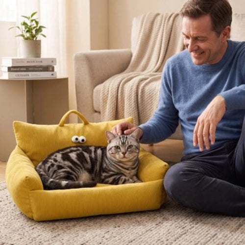 canapé pour chat velours cotele jaune maitre chat allonge