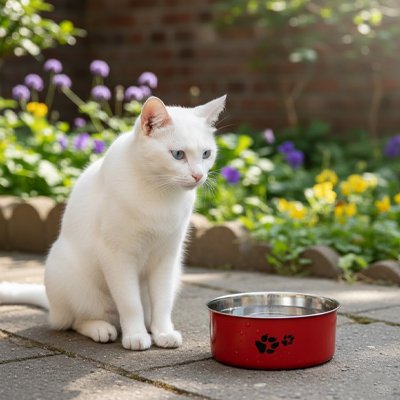 chat assis avec gamelle chat motifs pattes couleur rouge dans jardin