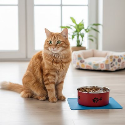 chat assis avec gamelle chat motifs pattes couleur rouge dans salon