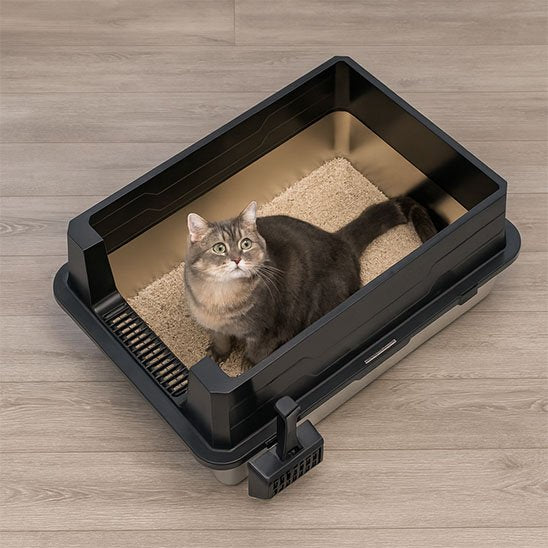 chat assis dans bac à litière chat