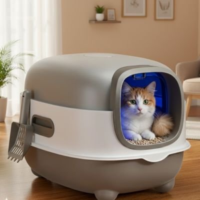 chat assis dans bac à litière chat