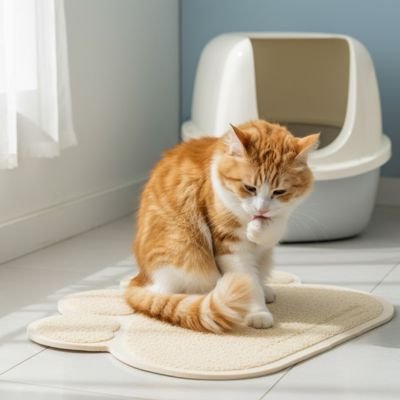 chat assis tapis litière chat ludique beige