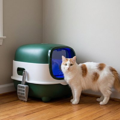 chat avec bac à litière chat compact vert