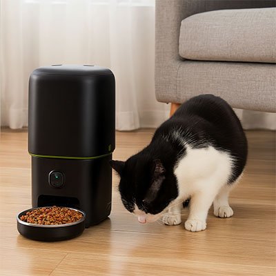 chat avec distributeur automatique croquettes chat couleur noir