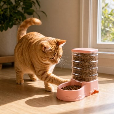 chat avec distributeur croquettes chat compact couleur rose