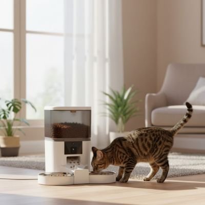 chat avec distributeur de croquettes chat connecte couleur blanc dans salon