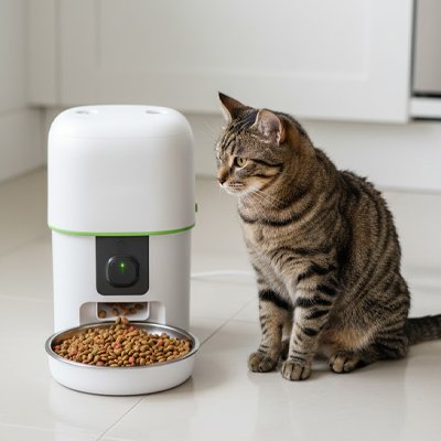 chat avec distributeur de croquettes pour chat automatique blanc
