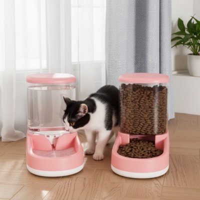 chat avec distributeur de croquettes pour chat couleur rose