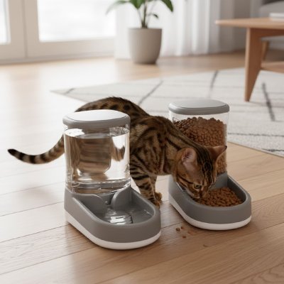 chat avec distributeur de croquettes pour chat couleur gris