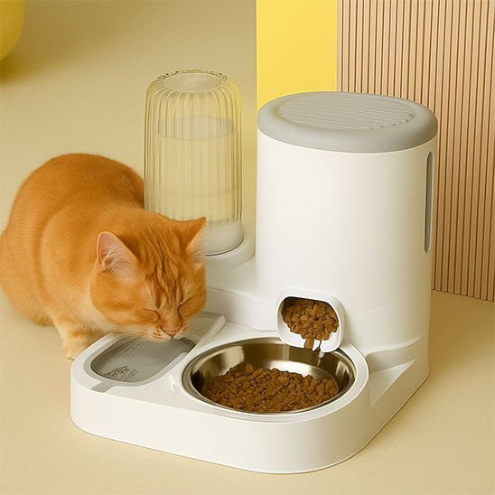 chat avec distributeur de croquettes pour chat​ design minimaliste 2 en 1