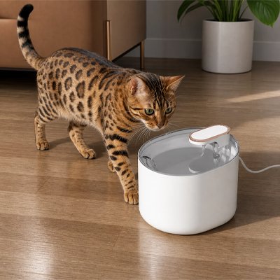 chat avec fontaine a eau chat elegante couleur blanche dans salon