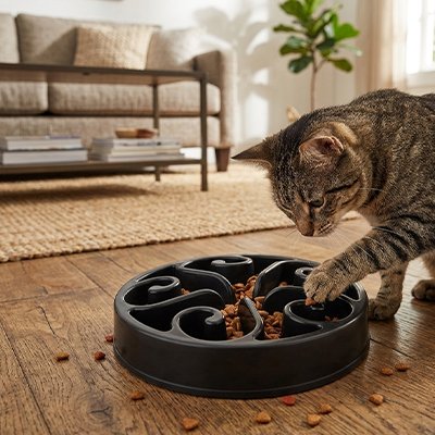 chat avec gamelle anti glouton chat noir
