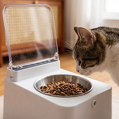 chat avec gamelle automatique chat blanche