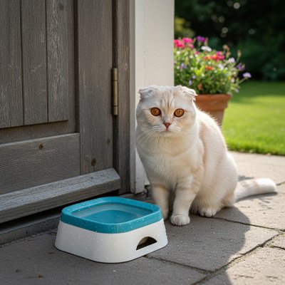 chat avec gamelle chat anti eclaboussures couleur bleu dans jardin
