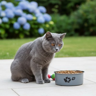 chat avec gamelle chat coloree couleur grise dans jardin