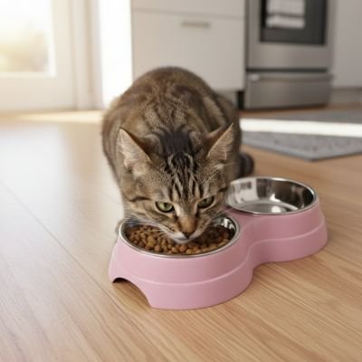 chat avec gamelle chat double bols couleur rose avec bols inox dans cuisine