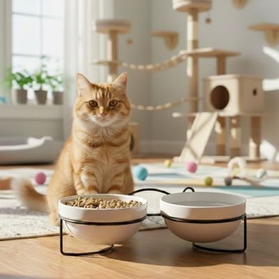 chat avec gamelle chat surelevee couleur noir double bol ceramique dans salon