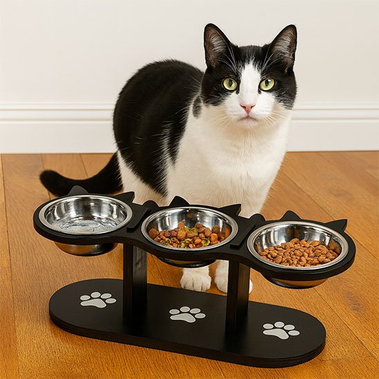 chat avec gamelle chat surelevee design felin triple bols inox