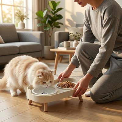 chat avec gamelle chat surelevee design scandinave couleur blanche dans salon