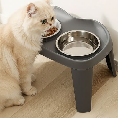 chat avec gamelle chat surelevee gris moderne double bol inox
