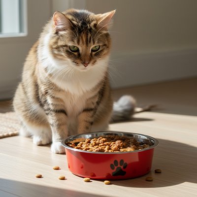 chat avec gamelles chat decoration patte imprimee couleur rouge