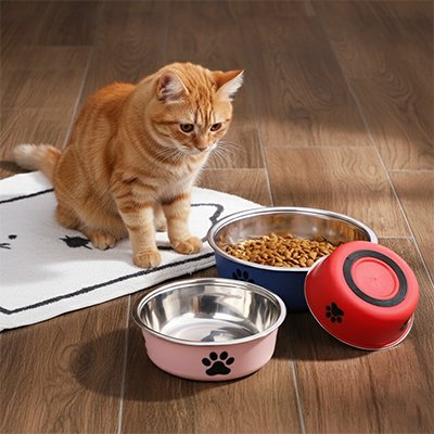 chat avec gamelles chat decoration patte imprimee couleur rose rouge bleu