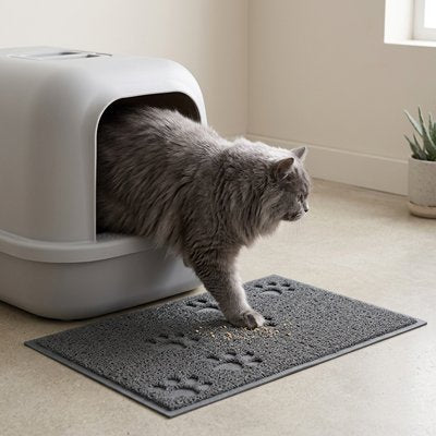 chat avec tapis litière pour chat colore gris