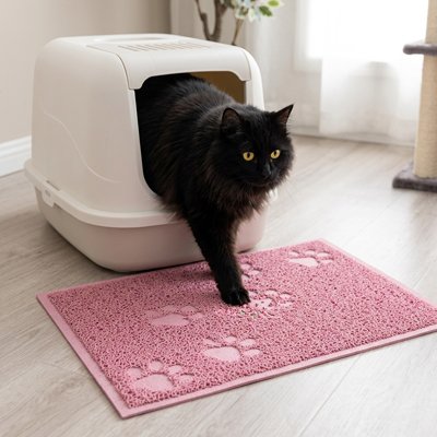 chat avec tapis litière pour chat colore rose