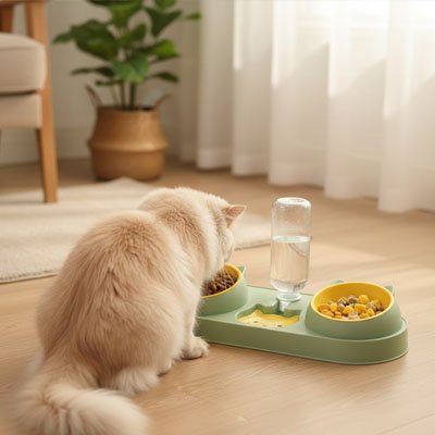 chat beige mangeant dans gamelle chat 3 en 1 couleur vert jaune dans salon