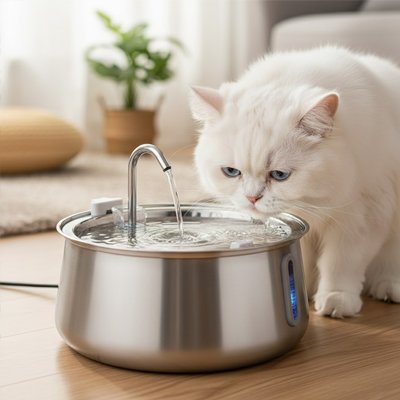 chat blanc boit dans fontaine a eau chat en acier
