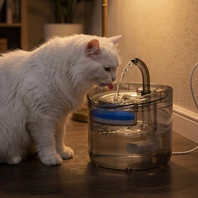 chat blanc boit dans fontaine a eau pour chat circulaire