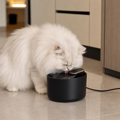 chat blanc buvant dans fontaine a eau chat elegante couleur noir dans cuisine