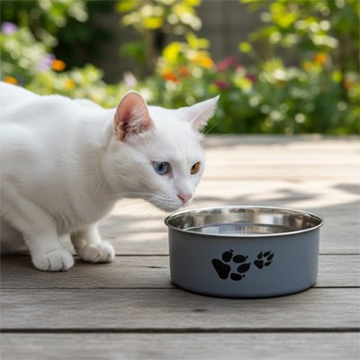 chat blanc buvant dans gamelle chat coloree couleur grise dans jardin