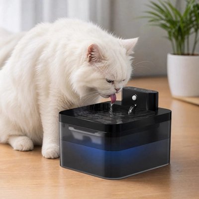 chat blanc buvant fontaine a eau chat