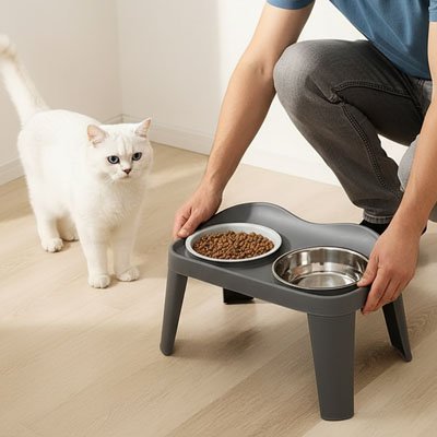 chat blanc et maitre avec gamelle chat surelevee gris moderne double bol inox