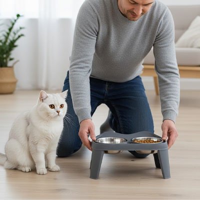 chat blanc et maitre avec gamelle chat surelevee gris moderne double bol inox dans salon
