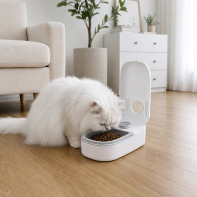 chat blanc mangeant dans distributeur automatique croquettes chat dans salon