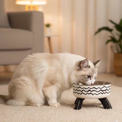 chat blanc mangeant dans gamelle chat surelevee motifs geometriques vague dans salon