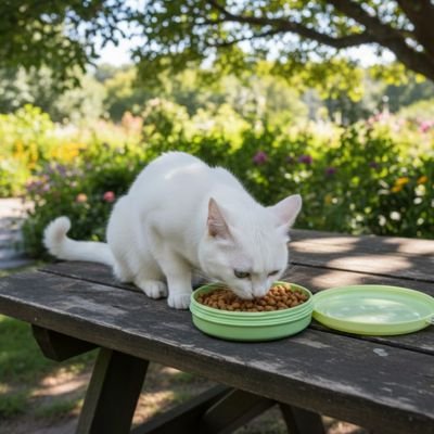 chat blanc mangeant dans gamelle pour chat voyage couleur vert pastel en exterieur