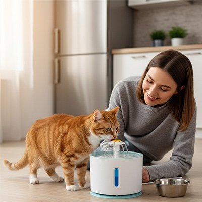 chat boit dans fontaine a eau chat avec sa maitresse