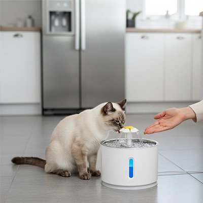 chat boit dans fontaine a eau chat dans cuisine