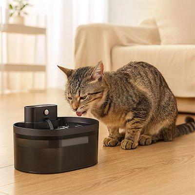chat boit dans fontaine a eau chat design oval noir