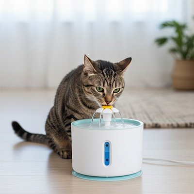 chat boit dans fontaine a eau chat en plastique